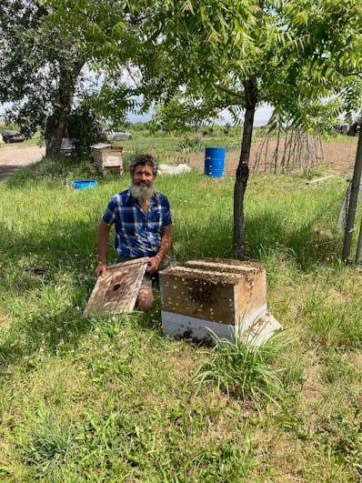 Nathan sits by one of his beehives in the shade